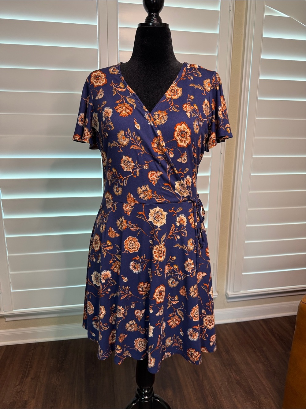 Floral Navy Wrap Mini Dress with Rust Blooms